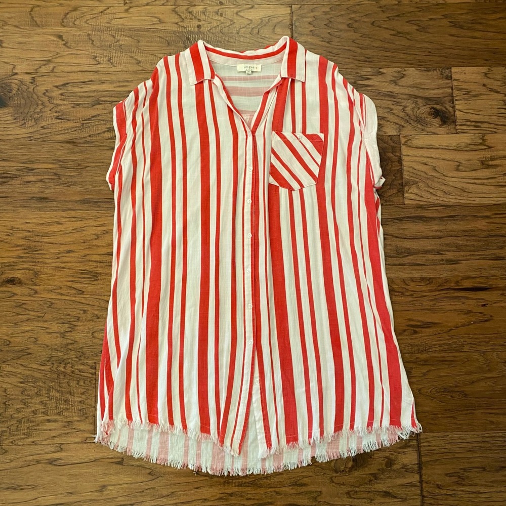 Umgee Button Down Top Women XL Red White Striped Frayed Hem Short Sleeve Blouse